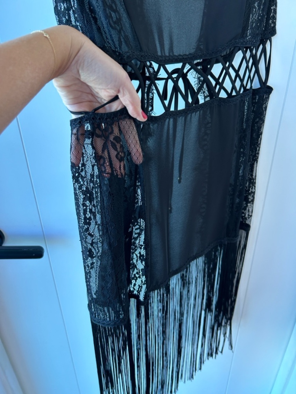 bebe Black Lace Fringe Open-Front Vest - Picture 8 of 8